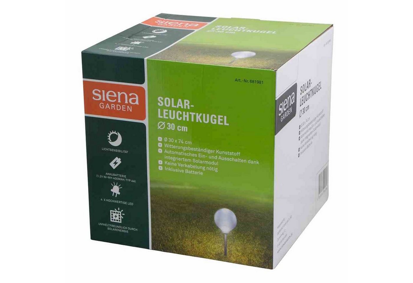 Siena Garden Gartenleuchte Solar-Leuchtkugel Ø 30 cm, Kunststoff 4 LED, Ø 30 x 66,5 cm, kartonver von Siena Garden
