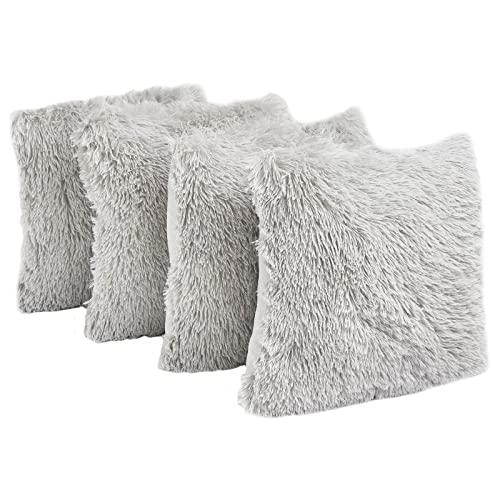 Sienna Fluffy Shaggy 4 Stück Quadratische Kissenbezüge 45 x 45 cm lang Weiche Faser Home Sofa Couch Wende Set Silbergrau von Sienna