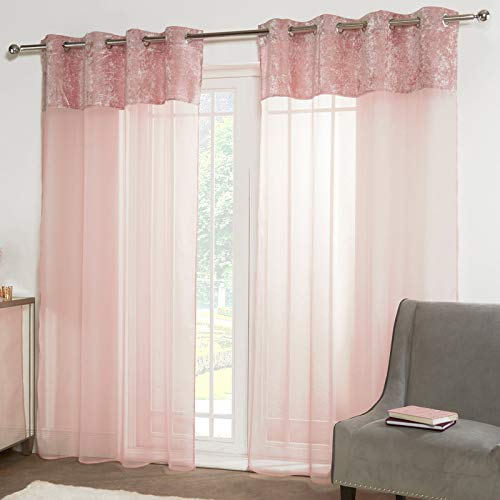 Sienna Paar Crushed Velvet Panel Spitze Voile Net Vorhang Strukturierte Öse Ring Top, Blush Pink Panels - 55 "breit x 87" Tropfen von Sienna