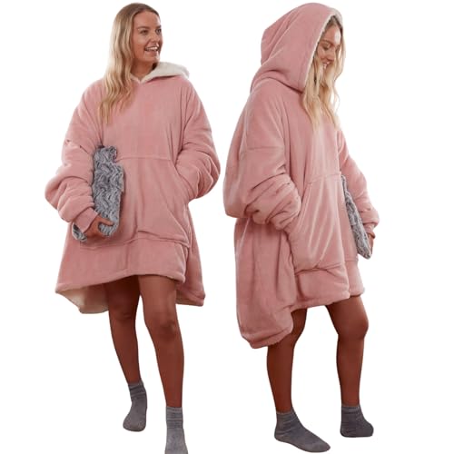 Sienna Unisex Hoodie Decke Ultra Soft Sherpa Fleece Warm Gemütlich Bequem Übergroß Wearable Hooded Sweatshirt für Erwachsene Teens Kids Big Pocket-Silbergrau, Rosa von Sienna