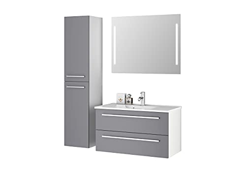 Sieper I Badmöbel Set Libato, Waschtisch mit Unterschrank 90 x 50 cm, Hochschrank und Badspiegel I Arktisgrau von Sieper