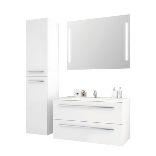 Sieper I Badmöbel Set Libato, Waschtisch mit Unterschrank 90 x 50 cm, Hochschrank und Badspiegel I Weiß von Sieper