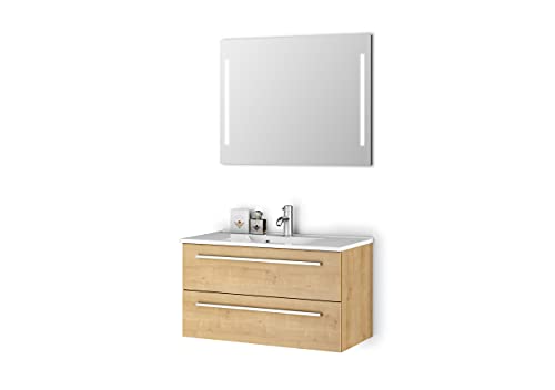 Sieper I Waschtisch mit Unterschrank 90 x 50 cm und Spiegel mit Beleuchtung, Badmöbel Set Libato I Eiche Natur Sieper I Waschtisch mit Unterschrank 90 x 50 cm und Spiegel mit Beleuchtung, Badmöbel Set Libato I Eiche Natur von Sieper