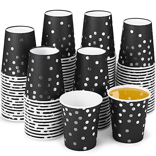 100 Stück schwarze Pappbecher, schwarze Einwegbecher, Goldfolie, Pappbecher, gepunktet, schwarze Tassen, 266 ml, schwarz, goldfarben, Partybecher für Hochzeit, Babyparty, Brautparty (Silber und von Sieral