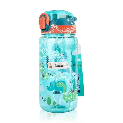 Sigdio Trinkflasche Kinder Strohhalm auslaufsicher 600ml inkl. Namenssticker Sport Trinkflasche Schule Kindergarten Kohlensäure geeignet Robuste Wasserflasche für Kids (Grün) von Sigdio