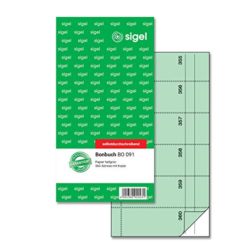 SIGEL BO091 Bonbuch, 360 Abrisse grün, 10,5 x 20 cm, 2x60 Blatt, selbstdurchschreibend von Sigel