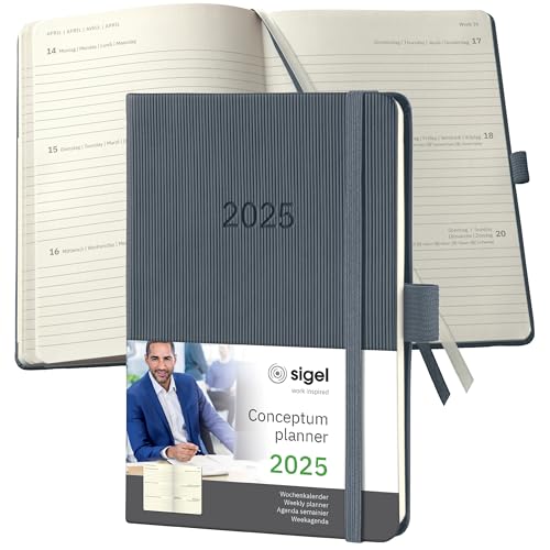 SIGEL C2567 Wochenplaner Wochenkalender 2025, ca. A6, dunkelgrau, Hardcover, 176 Seiten, Gummiband, Stiftschlaufe, Archivtasche, aus nachhaltigem Papier, Conceptum von Sigel