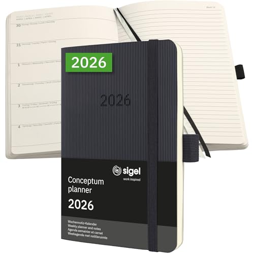 SIGEL C2625 Terminplaner Wochennotiz-Kalender 2026, ca. A6, schwarz, Softcover, 176 Seiten, Gummiband, Stiftschlaufe, Archivtasche, aus nachhaltigem Papier, Kalenderbuch Conceptum von Sigel
