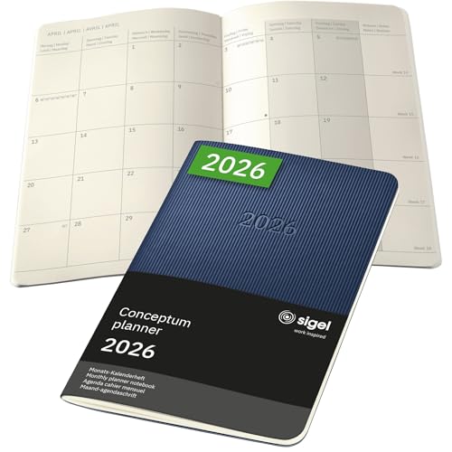 SIGEL C2687 Monats-Kalenderheft Monatsplaner 2026, ca. A6, dunkelblau, Softcover, 2 Seiten = 1 Monat, 64 Seiten, Quickpocket, aus nachhaltigem Papier, Conceptum von Sigel