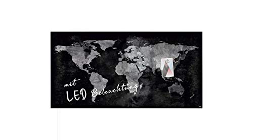 SIGEL GL409 Premium Glas-Magnettafel 91 x 46 cm mit LED-Beleuchtung, Design World-Map Weltkarte, hochglänzend, SGS geprüft, einfache Montage, incl. 3 starke Magnete, Glas-Magnettafel Artverum von Sigel