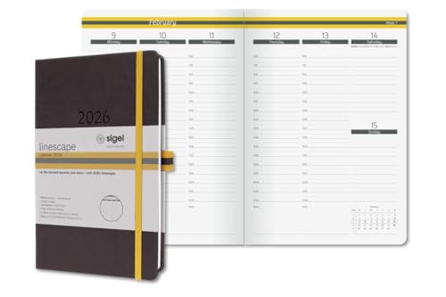 SIGEL L2603 Wochenkalender 2026 A5, vertikale Wochenansicht, Hardcover, dunkelgrau, gelb, englisch-sprachiges Kalendarium, 176 Seiten, FSC-zertifiziert, Kalenderbuch Terminplaner Linescape von Sigel