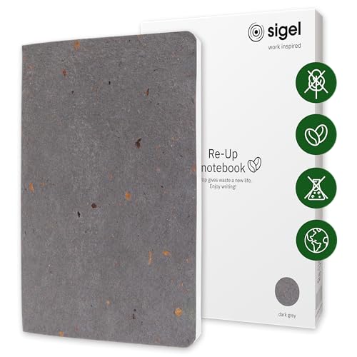 SIGEL RU104 veganes Notizbuch A5 kariert aus Kaffee/Baumwollresten, dickes 100 g Papier, NCP-Award: nachhaltig, frei von Plastik und Chemikalien, 100 Seiten, Re-Up Notizheft Geschenkbuch dunkelgrau von Sigel
