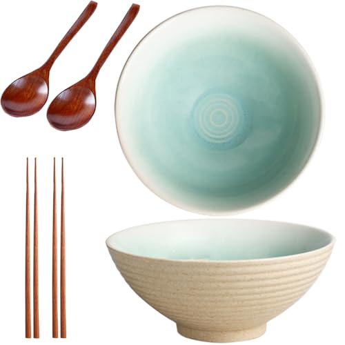 2 * 1200ML Ramen Schüssel Set,Schüssel Keramik,Ramen Bowl(Ramen Set Mit Ramenlöffel,Essstäbchen),Suppenschalen Set für Nudelschüssel,Snack,Salatschüssel,Große Schüssel(Beige) von Sightday
