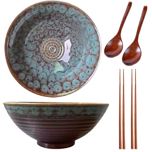 2 * 1200ML Ramen Schüssel Set,Schüssel Keramik,Ramen Bowl(Ramen Set Mit Ramenlöffel,Essstäbchen),Suppenschalen Set für Nudelschüssel,Snack,Salatschüssel,Große Schüssel(Pfauenschwanz) von Sightday