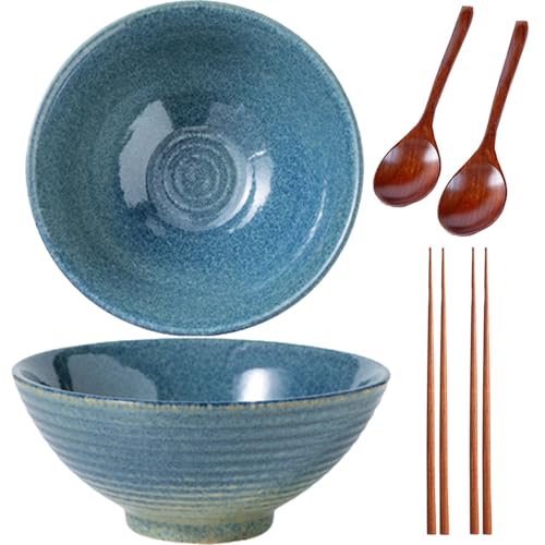 Sightday 2 * 1200ML Ramen Schüssel Set, Keramik, Ramen Bowl mit Ramenlöffel und Essstäbchen, Suppenschalen, Nudelschüssel, Snack, Salatschüssel, Groß, Blau von Sightday