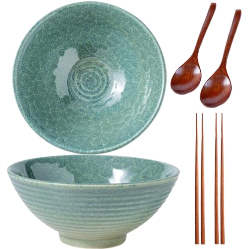 2 * 1200ML Ramen Schüssel Set,Schüssel Keramik,Ramen Bowl(Ramen Set Mit Ramenlöffel,Essstäbchen),Suppenschalen Set für Nudelschüssel,Snack,Salatschüssel,Große Schüssel (Crackle Green) von Sightday
