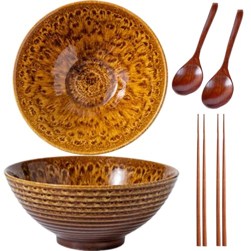 2 * 1200ML Ramen Schüssel Set,Schüssel Keramik,Ramen Bowl(Ramen Set Mit Ramenlöffel,Essstäbchen),Suppenschalen Set für Nudelschüssel,Snack,Salatschüssel,Große Schüssel (Gold) von Sightday