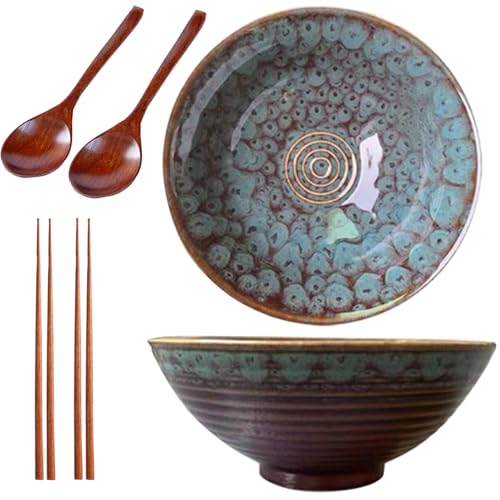 2 * 1200ML Ramen Schüssel Set,Schüssel Keramik,Ramen Bowl(Ramen Set Mit Ramenlöffel,Essstäbchen),Suppenschalen Set für Nudelschüssel,Snack,Salatschüssel,Große Schüssel (Pfauenschwanz) von Sightday