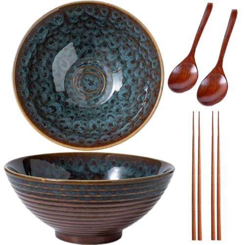 2 * 1200ML Ramen Schüssel Set,Schüssel Keramik,Ramen Bowl(Ramen Set Mit Ramenlöffel,Essstäbchen),Suppenschalen Set für Nudelschüssel,Snack,Salatschüssel,Große Schüssel (Pfauenschwanz) von Sightday
