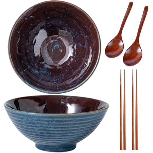 2 * 1200ML Ramen Schüssel Set,Schüssel Keramik,Ramen Bowl(Ramen Set Mit Ramenlöffel,Essstäbchen),Suppenschalen Set für Nudelschüssel,Snack,Salatschüssel,Große Schüssel (Rot Rissiges Blau) von Sightday