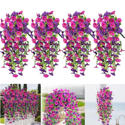 Sightday 4Stück Kunstpflanze Hängend Petunien,Künstliche Blumen Für Draußen,UV-Beständig Realistische Hängeblumen Künstlich,Hängende Kunstblumen Für Heimdekoration,Garten,Veranda,Hochzeit(Lila Rose) von Sightday