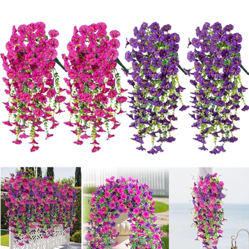Sightday 4Stück Kunstpflanze Hängend Petunien,Künstliche Blumen Für Draußen,UV-Beständig Realistische Hängeblumen Künstlich,Hängende Kunstblumen Für Heimdekoration,Garten,Veranda,Hochzeit(2Lila+2Rose) von Sightday