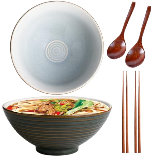 Sightday Ramenschüssel, 1200 ml, 2er-Set, Ramenschüssel, Nudelschale (Ramenschüssel mit Ramenlöffeln, Essstäbchen), Keramikschale für Pastaschüssel, Snacks, Suppe, Salatschüssel, Müsli, große Schüssel von Sightday