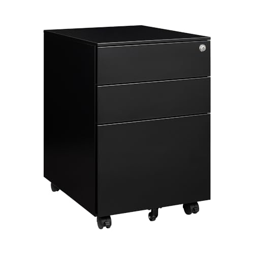 Sightlife Rollcontainer mit 3 Schubladen, Abschließbar Schublade unter Schreibtisch Container Schreibtischschrank Hängeregisterschrank Unterschrank Schubladenschrank Metall Bürocontainer(Schwarz) von Sightlife