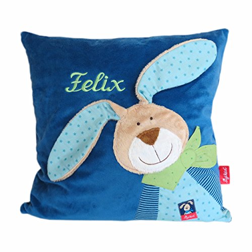 Sigikid Kuschelkissen mit Ihrem Wunsch-Namen bestickt Wombel Bombel blau 40 cm x 40 cm inklusive Füllung Namenskissen Kinderkissen personalisiert von Sigikid