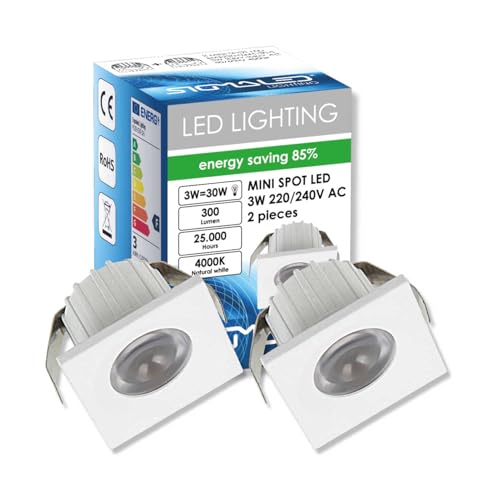 SIGMALED LIGHTING, Mini-LED-Einbaustrahler 3W, dimmbar, Neutralweiß 4000K, 300 Lm, Quadratisch Einbauspot, 220/240V AC, 2er-Pack (1 Box mit 2 Stuck) von Sigmaled lighting