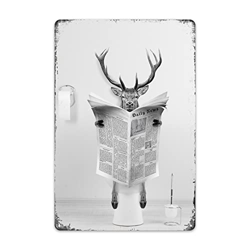 Lustiges Metall-Blechschild mit Hirschmotiv, perfekte schwarze und weiße Badezimmer-Dekoration für WC-Wände, 20,3 x 30,5 cm von Sign6