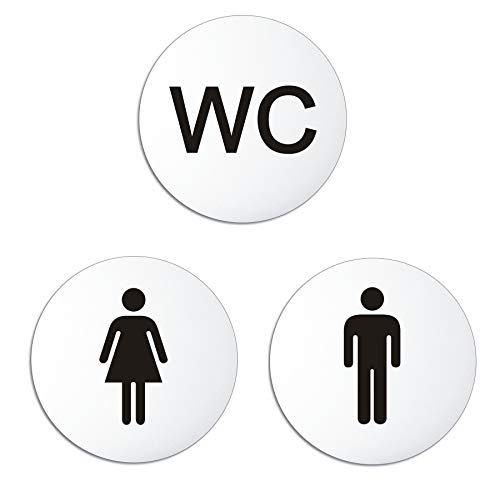 WC-Piktogramme Damen Herren WC | 3er-Set Aluminiumschilder Ø 100 mm Hintergrund lichtgrau UV-beständig selbstklebend Ofform Design Nr.54112 von OFFORM DESIGN