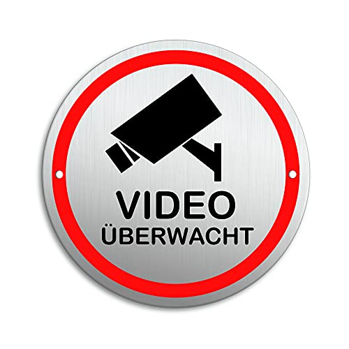 Schild - Videoüberwachung | Ø 100 mm Aluminiumschild Edelstahloptik wetterfest UV-sicher 2-Fach gelocht Ofform Design Nr.53216-L von SignCo - Sign Ø 100 mm