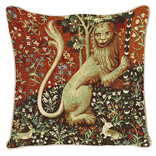 Signare Bunte Kunst Kissenbezug Kissenbezüge Zierkissen Tapisserie | Doppelseitig 45x45cm | Dame und Einhorn (Löwe) (CCOV-Art-LU-Lion) von Signare