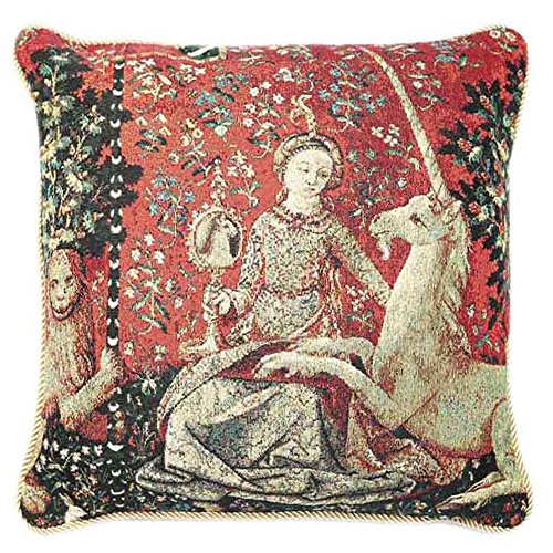 Signare Ungewöhnlich Einzigartig Kissenbezug/Kissenhüllen 45x45cm Tapisserie Bunt Sofakissen - Lady and Unicorn/Sense of Sight (CCOV-Art-LU-SI) von Signare