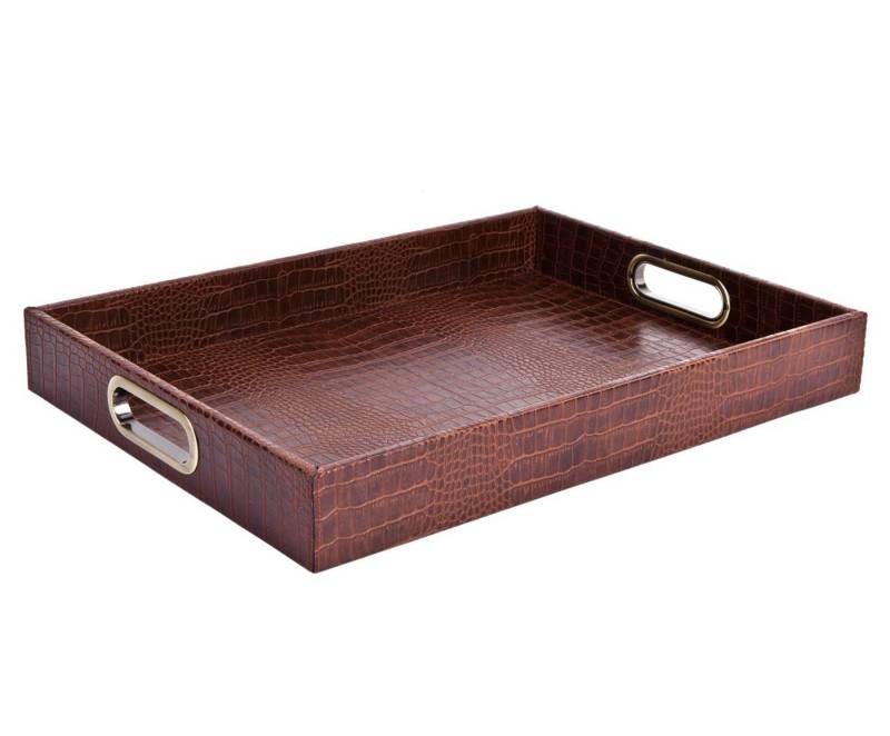 Signature Home Collection Tablett Tablett rechteckig Kunstleder Kroko Leder mit Griffen zum Servieren, Kunstleder, Messing, (1 Stück, 1-tlg., 1x Tablett rechteckig Kunstleder), mit stabilen Metallgriffen und hohem Rand zum Servieren von Signature Home Collection