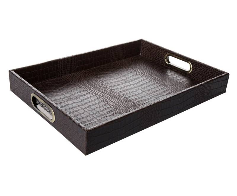 Signature Home Collection Tablett Tablett rechteckig Kunstleder Kroko Leder mit Griffen zum Servieren, Kunstleder, Messing, (1 Stück, 1-tlg., 1x Tablett rechteckig Kunstleder), mit stabilen Metallgriffen und hohem Rand zum Servieren von Signature Home Collection