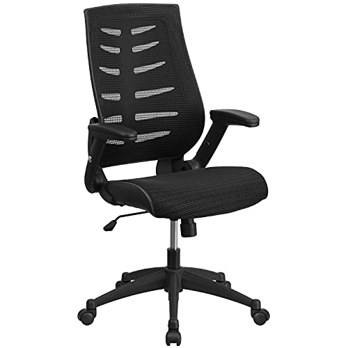 Flash Furniture Designer-Chefsessel, hohe Rückenlehne, Mesh, drehbarer, ergonomischer Bürostuhl mit höhenverstellbaren Klapp-Armlehnen, Metall, Schwarz, 1 Stück von Flash Furniture