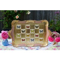 Atemberaubendes Tablett in Florence Pink Rechteckig Mit Griffen Und Schmetterlingen von SignoraTVintageDecor