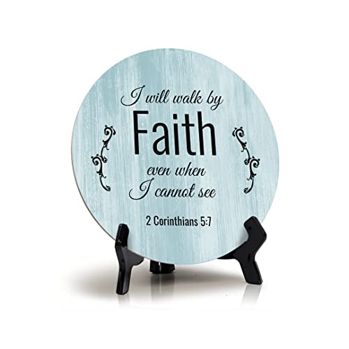 Round I Will Walk By Faith Even When I Can Not See 2 Corinthians 5:7 Blue Wood Color Circle Table Sign (12,7 x 12,7 cm) von Signs ByLITA