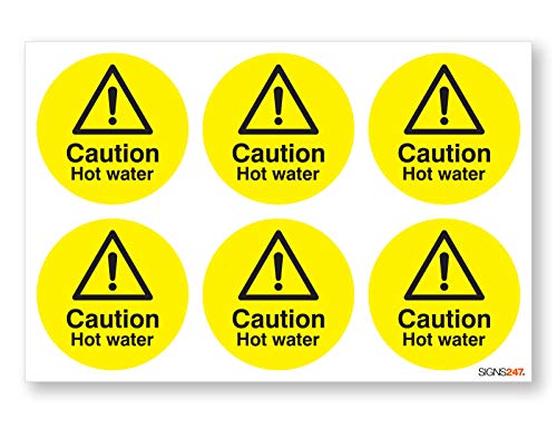 Sicherheitsaufkleber mit Aufschrift "Caution Hot Water", 6 Stück, selbstklebend, 65 mm Durchmesser von Signs247