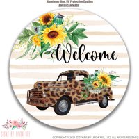 Sonnenblume Willkommen Schild, Gepard Lkw Kranz Sommer Schilder, Vintage Türbehang Blumen Schild F-Wel005 von SignsbyLindaNee