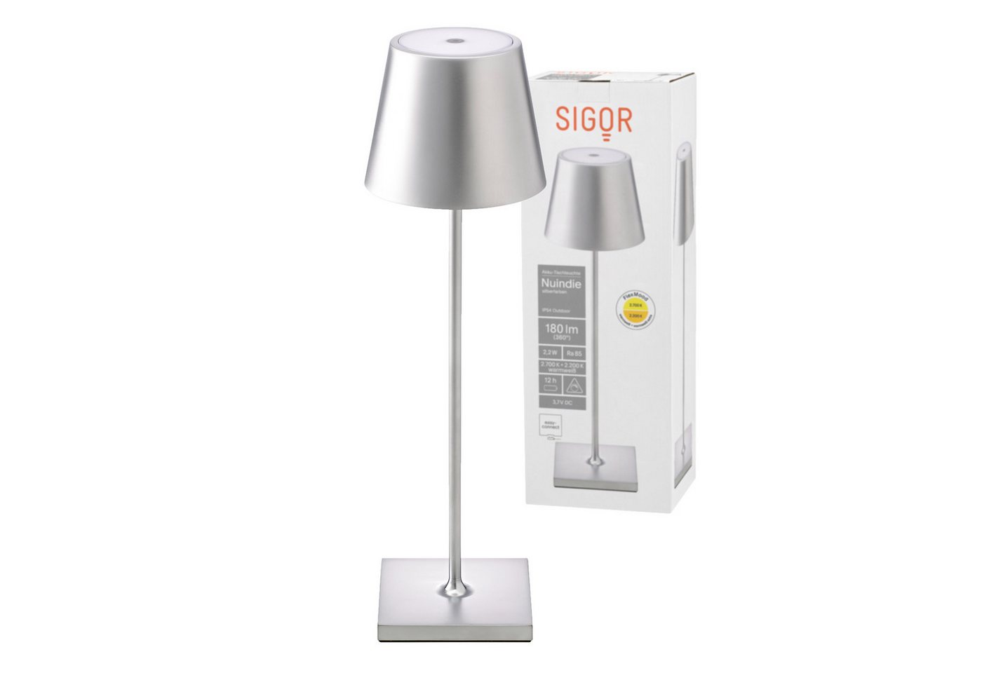 SIGOR LED Tischleuchte Stilvolle Akku-Tischlampe Nuindie Eloxiert, LED fest integriert, Warmweiß, Extra-Warmweiß, kabellose Tischleuchte, 38x10x10 cm von Sigor