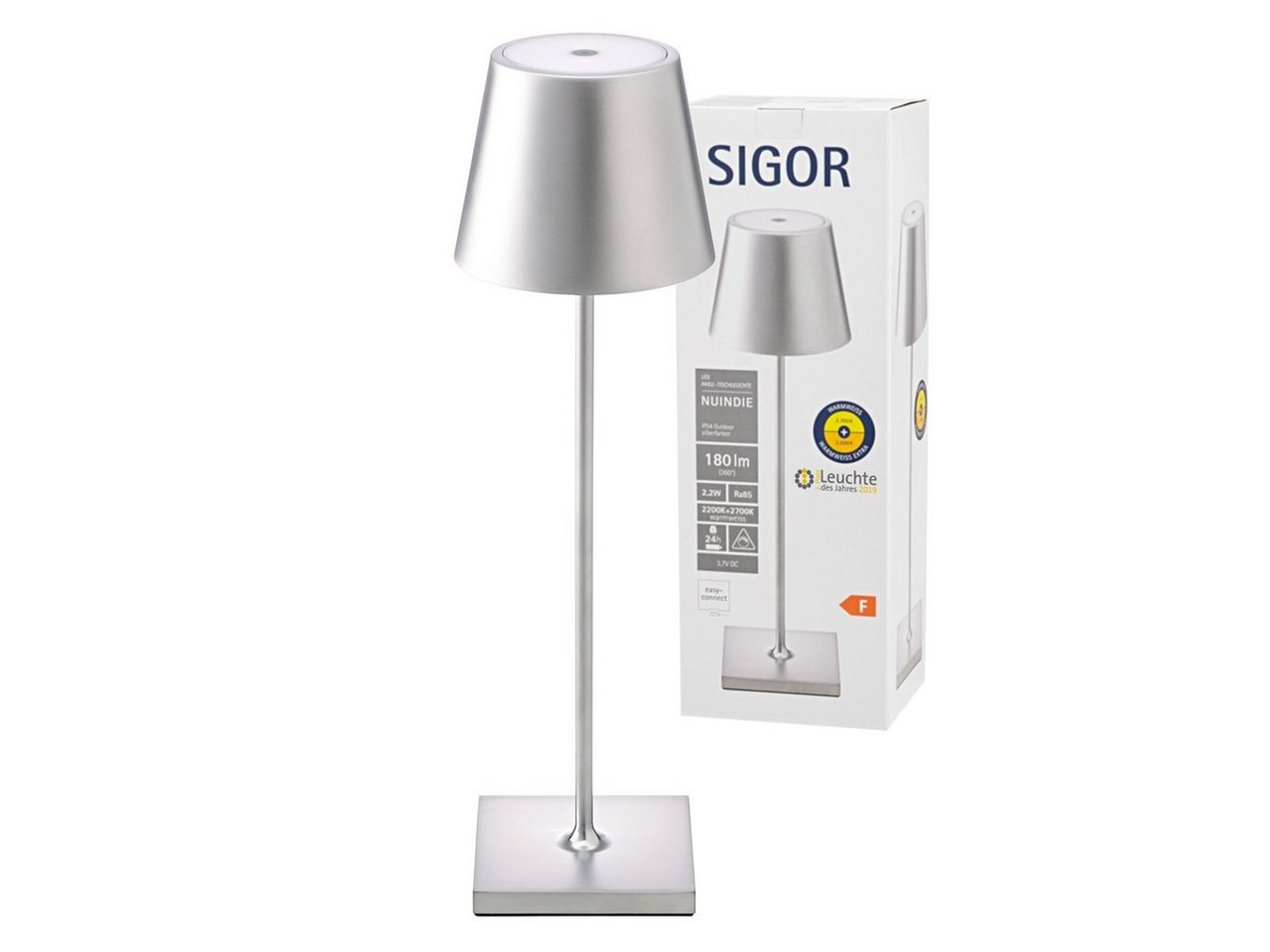SIGOR Tischleuchte Sigor Akku-Tischleuchte NUINDIE 380mm Silberfarben, Dimmfunktion, LED fest integriert, Tunable White von Sigor