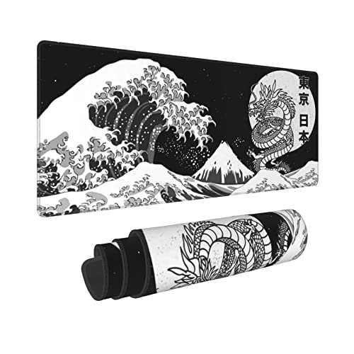 Japanisches Tokyo Schwarz und Weiß Drache Kanagawa Great Wave Sea Gaming Tastatur Mauspad Mauspad Riesiges Extended XL Gummisohle für Home Office (80 x 30 cm) von Sigouyinei