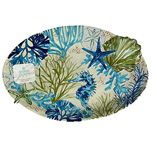 Sigrid Olsen Serviertablett aus Melamin, oval, mit Seepferdchen, Seestern und Muschelschale, Grün / Blau von Sigrid Olsen Home
