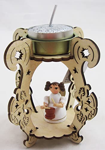 Laserholz-Teelichthalter mit Engelsfigur mit Trommel ca. 12 x 8 x 8 cm von Sigro Export Import