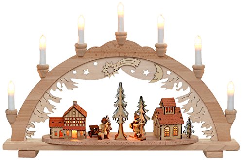 Sigro Vogtland Souvenir 10 Flame Premium Bögen mit Forest Village und Holz Menschen Fensteraufkleber, beige, 38 x 57 x 9 cm von Holzkunst Sigro