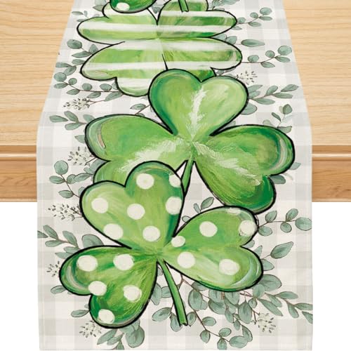 Siilues St. Patricks Day Tischläufer, St. Patrick's Day-Dekoration, grünes Kleeblatt, saisonale Frühlingsfeiertage, Tischdekoration für drinnen und draußen, Esstischdekoration (33 x 183 cm) (33 x 91 von Siilues