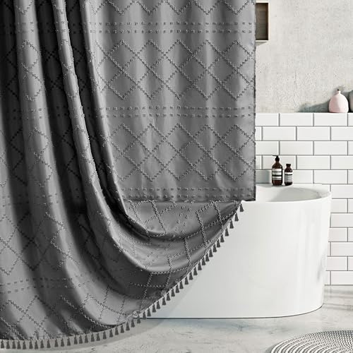 Boho Duschvorhang aus gewebtem Stoff, 183 x 183 cm, getuftet, Chevron-Streifen, Shabby-Chic-Stil, strukturiert, modernes Bauernhaus, minimalistisch, wasserabweisend, Vorhang-Set für Badezimmer, von Siiluminisoy